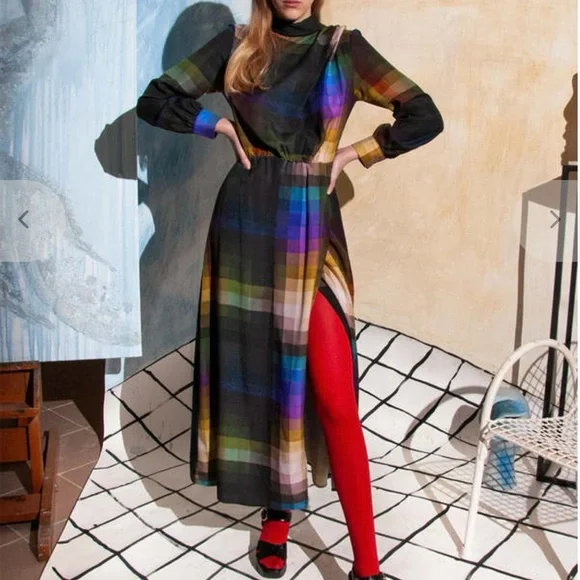 Long Sleeve Plaid Maxi Dress in Multicolor - Picture 2 of 6